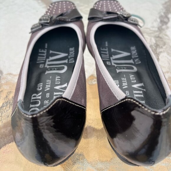 Un Tour En Ville Dark Grey Suede/Espresso Patent Leather Square Toe Slip On Shoe - Picture 7 of 14